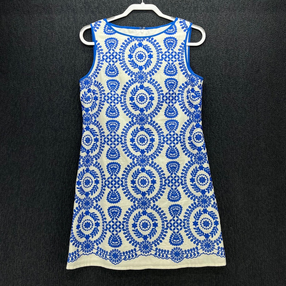 Jude Connally Collection White Blue Embroidered Cotton Shift Dress Sleeveless M
